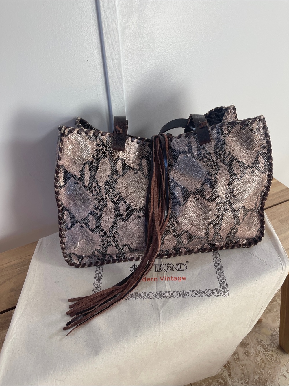 Old Trend Braided Trim Snake-Print Handbag in Metallic Taupe and Dark Brown